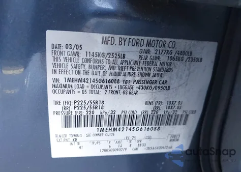 2005 Mercury Montego Premier from USA, damaged, VIN 1MEHM42145G616088